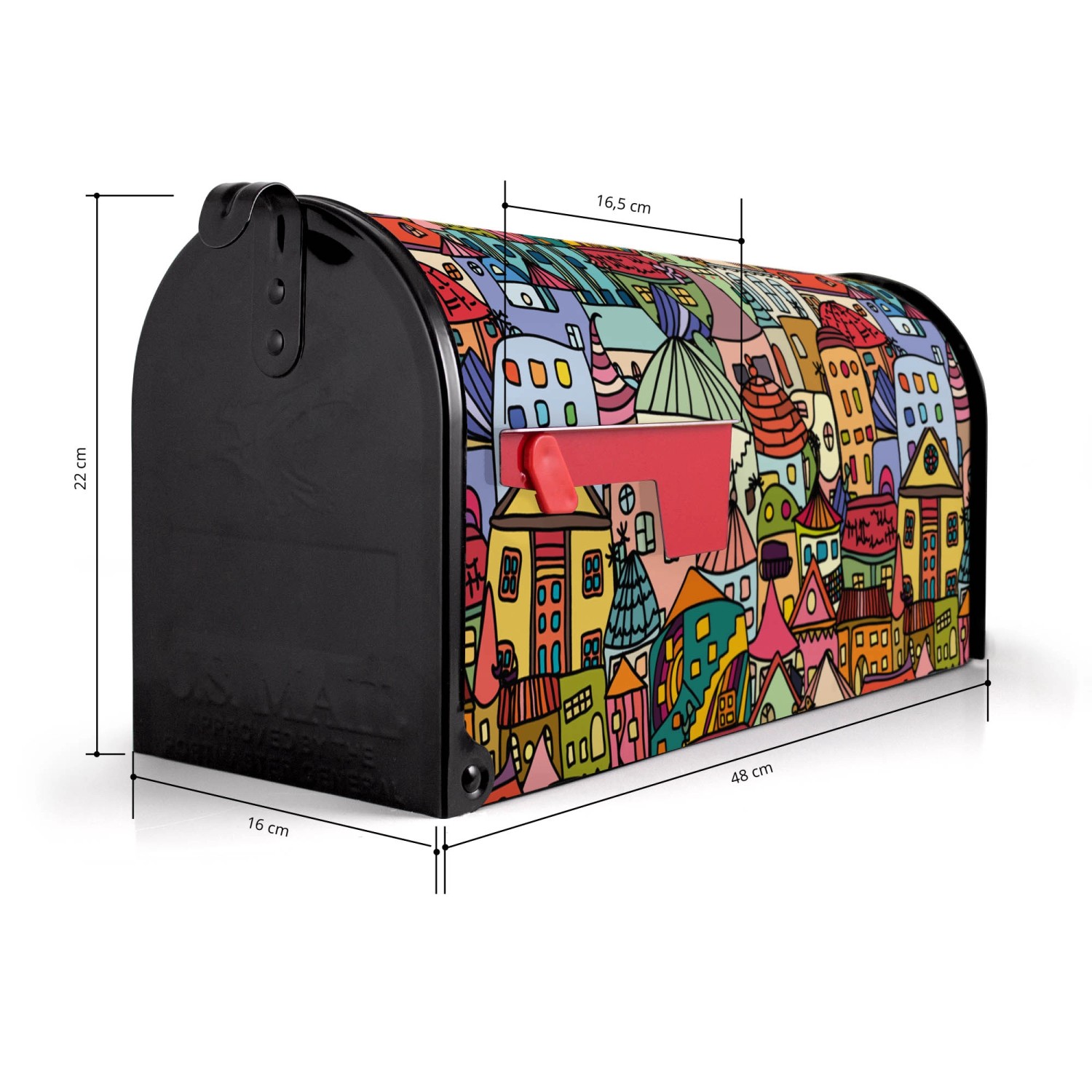 Schwarzer Banjado US Briefkasten mit Funky Town Motiv, 48x22x16cm, Stahl, pulverbeschichtet.