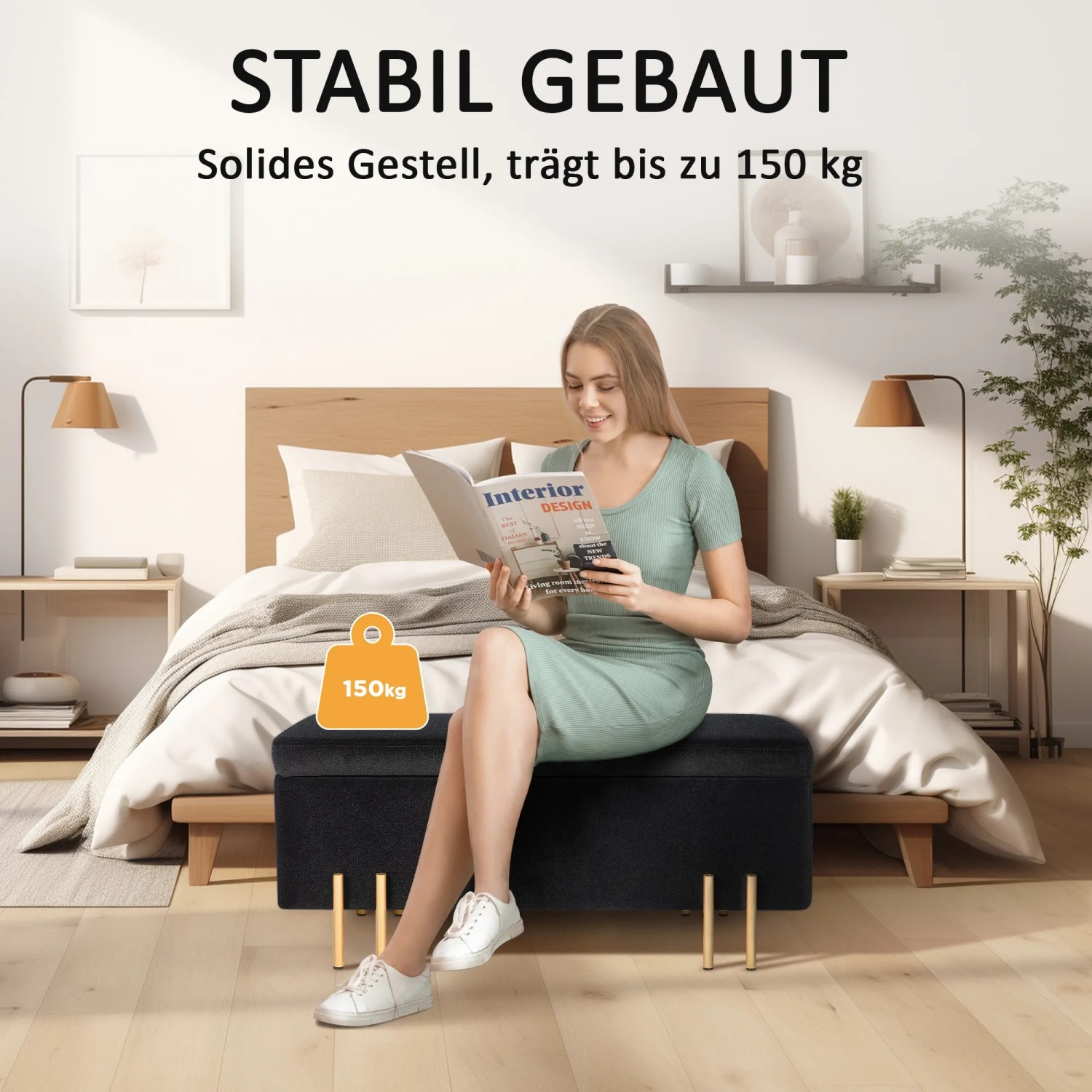 Schwarze Samt Sitzbank mit Stauraum von HOMCOM, genutzt im Schlafzimmer.