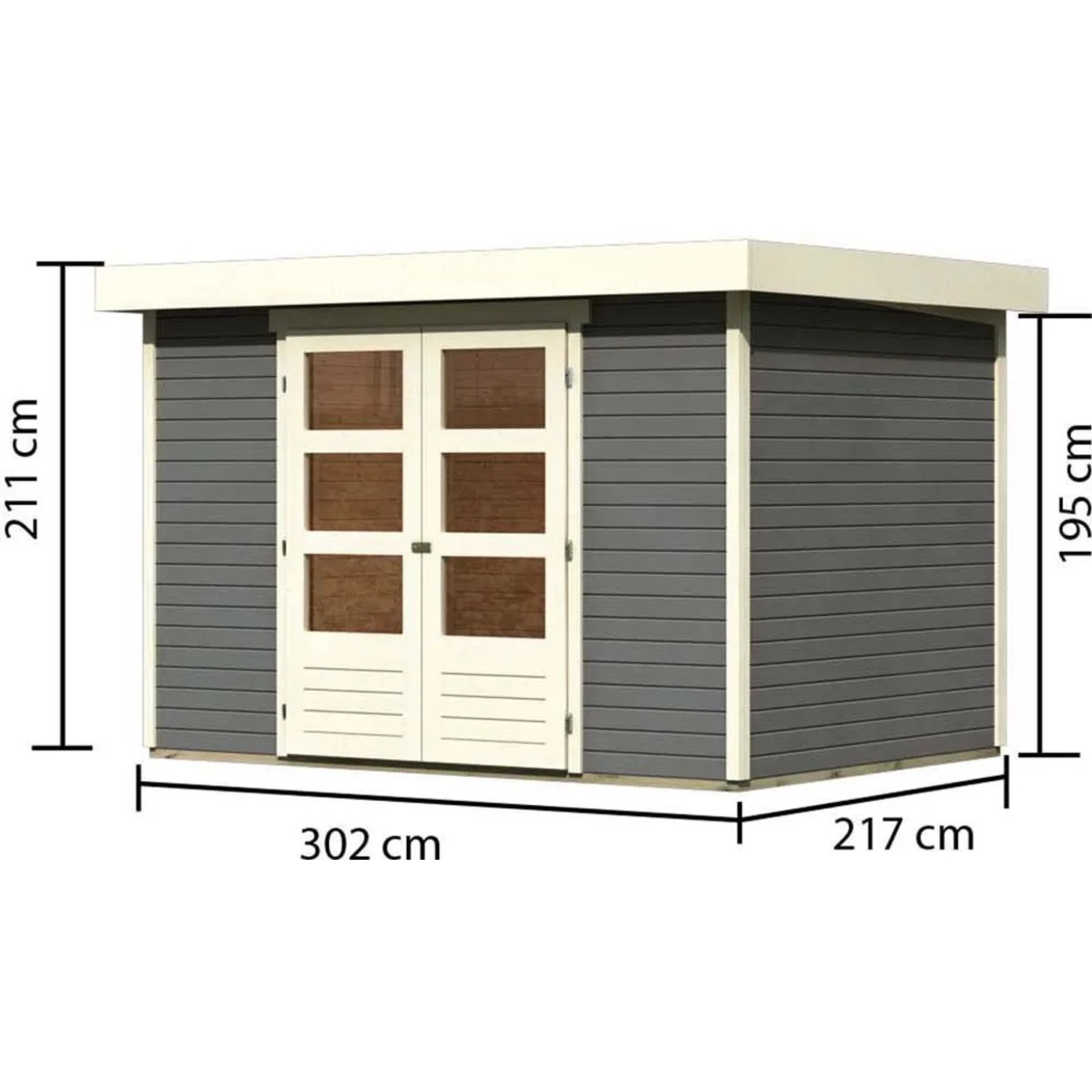 Karibu Holz-Gartenhaus Raala, terragrau, mit Pultdach und Doppeltür, Maße: 298x213 cm.