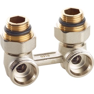 Eck-Anschlussarmatur für Ventilheizkörper, G 1/2 x G 3/4, 50 mm Stichmaß, verchromtes Messing.