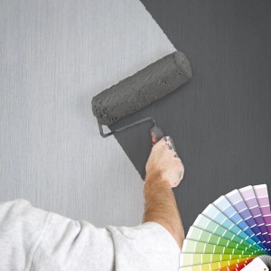 Überstreichbare Tapete mit Farbroller an Wand, Farbfächer im Bild.