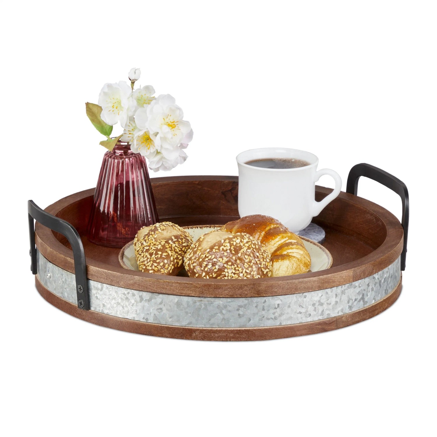 Relaxdays Serviertablett Mangoholz Eisen Braun Silber Schwarz mit Metallrand und Griffen 36 cm x 35 cm x 9 cm 1,6 kg