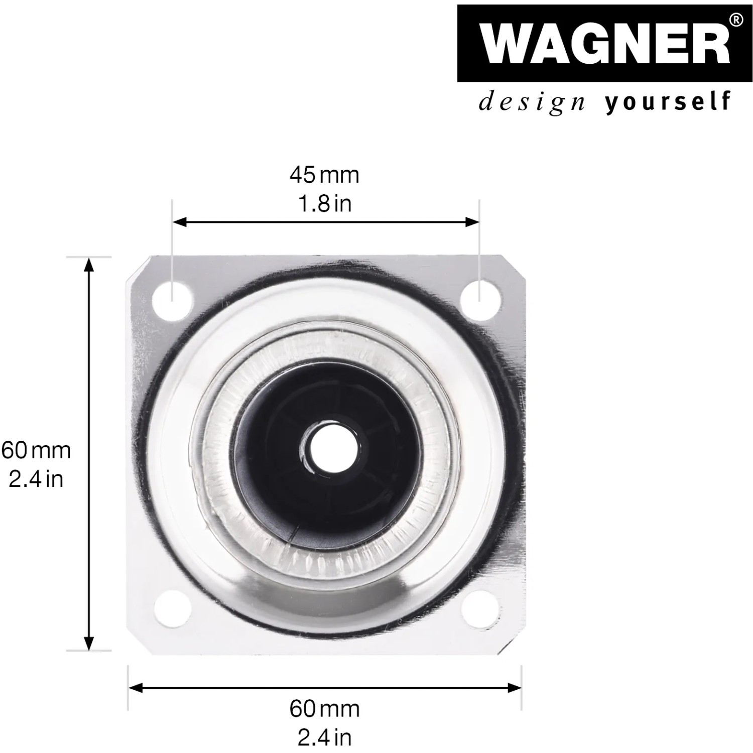 Detailaufnahme: Wagner Möbelbein Telescope, Edelstahl-Optik, justierbar, mit Maßen.