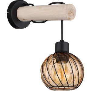 Wandlampe Paulo, 1-flammig, schwarz matt, mit Holz und amberfarbenem Glasschirm.