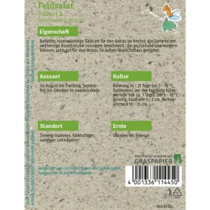 Grüne Fee Feldsalat Volhart 3 Saatgut-Packung. Naturpapier mit grünen Feldern, Fee, Infos zu Aussaat & Ernte.