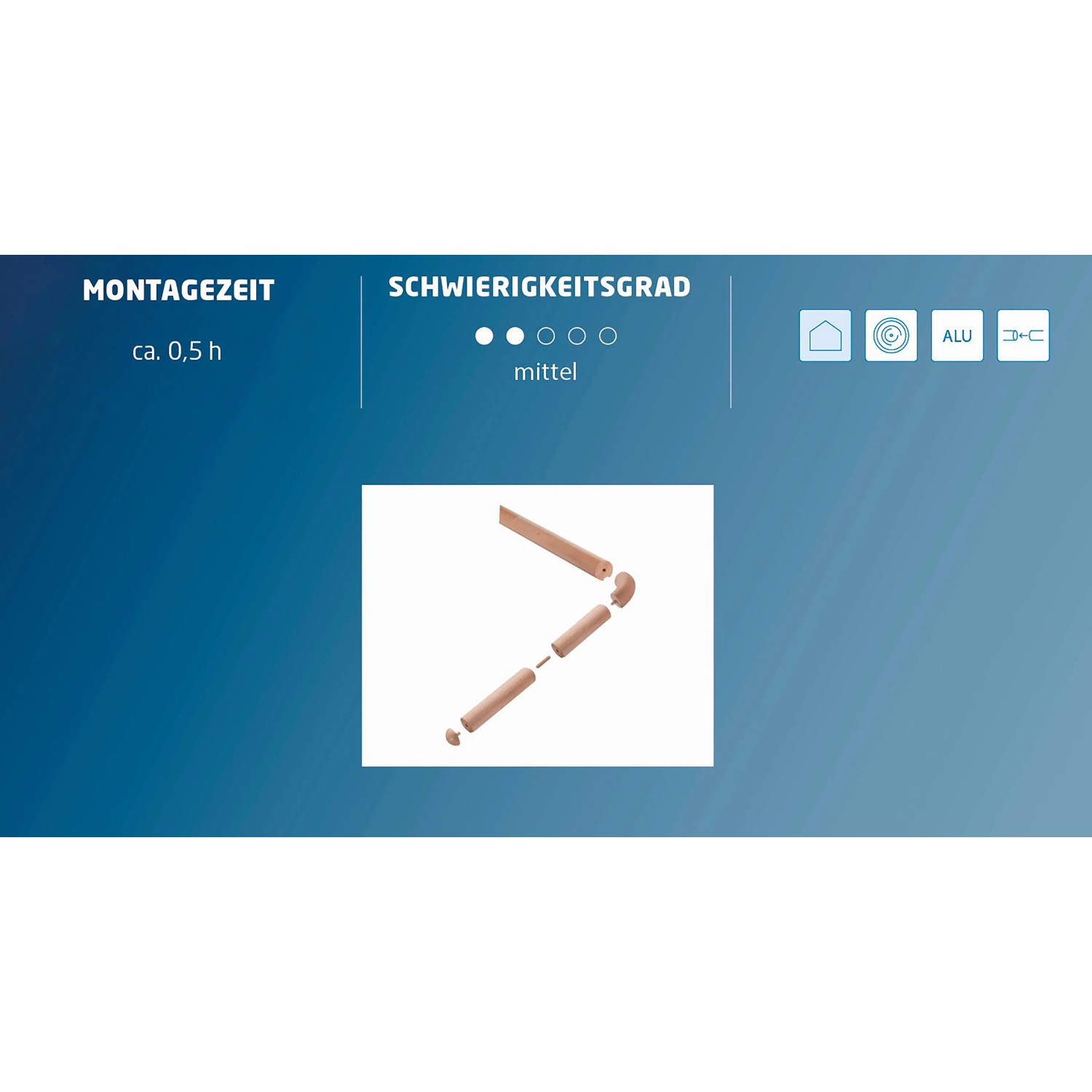 Montagegrafik für Buchen-Massivholz Handlauf. Zeigt die detaillierte Eckverbindung zweier Segmente.