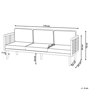 Skizze Gartensofa aus Holz, beige Kissen, Maße 65x179x76 cm. Möbel für Terrasse und Garten.