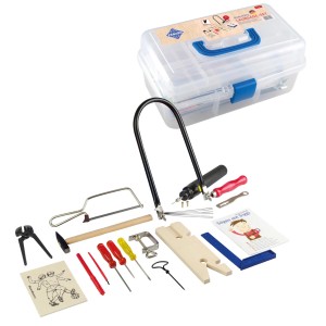 Pebaro Laubsäge-Set mit Werkzeug, Bohrmaschine und Zubehör im Koffer.