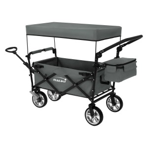 Grauer Hauki Bollerwagen XXL mit Dach, Tasche, klappbar. Ideal für Camping & Freizeit.