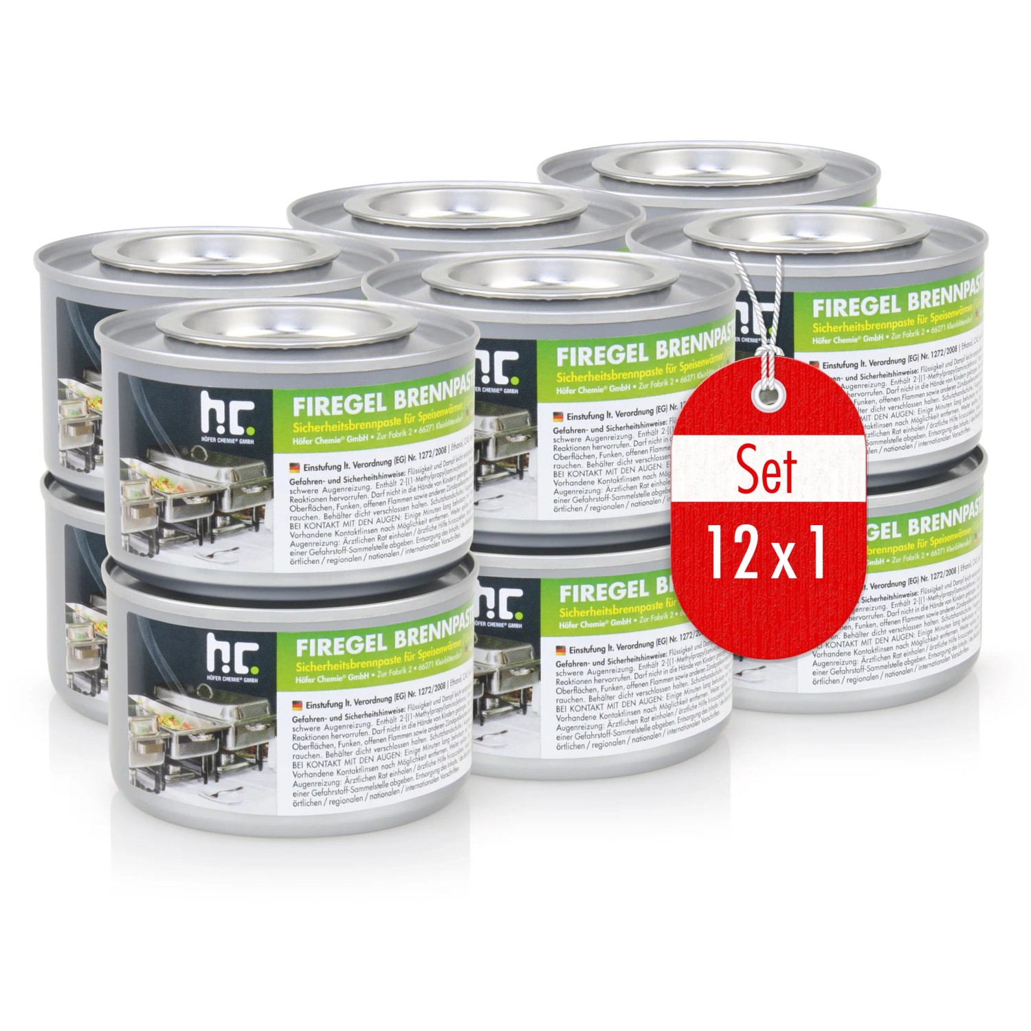 Set mit 12 Dosen Flambiol Firegel Brennpaste zum Warmhalten von Speisen. Wiederverschließbar und geruchsneutral.