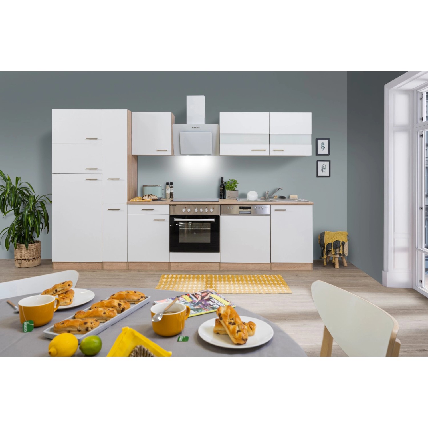 Respekta Küchenzeile/Küchenblock KB310ESWCGKE 310 cm Weiß-Eiche Sägerau Nachbildung