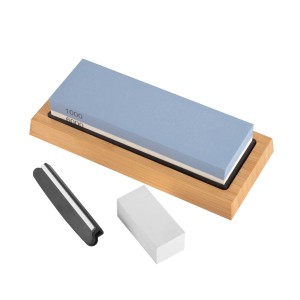 STAHLWERK Schleifstein Set mit Schleifstein, Bambus-Halterung, Abziehstein und Führungsschiene.