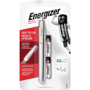 Energizer Metal Penlight Taschenlampe mit 2xAAA Batterien im Lieferumfang.
