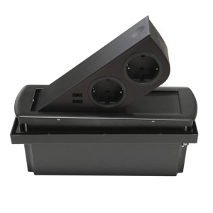 Schwarze SOTECH Einbausteckdose mit 2 Schuko- und 2 USB-Anschlüssen, ausgeschwenkt.