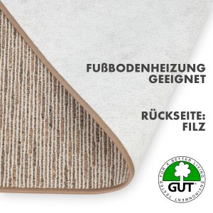 Detailansicht KARAT Teppich Geneva Beige: Struktur, Filzrückseite, Fußbodenheizung geeignet.