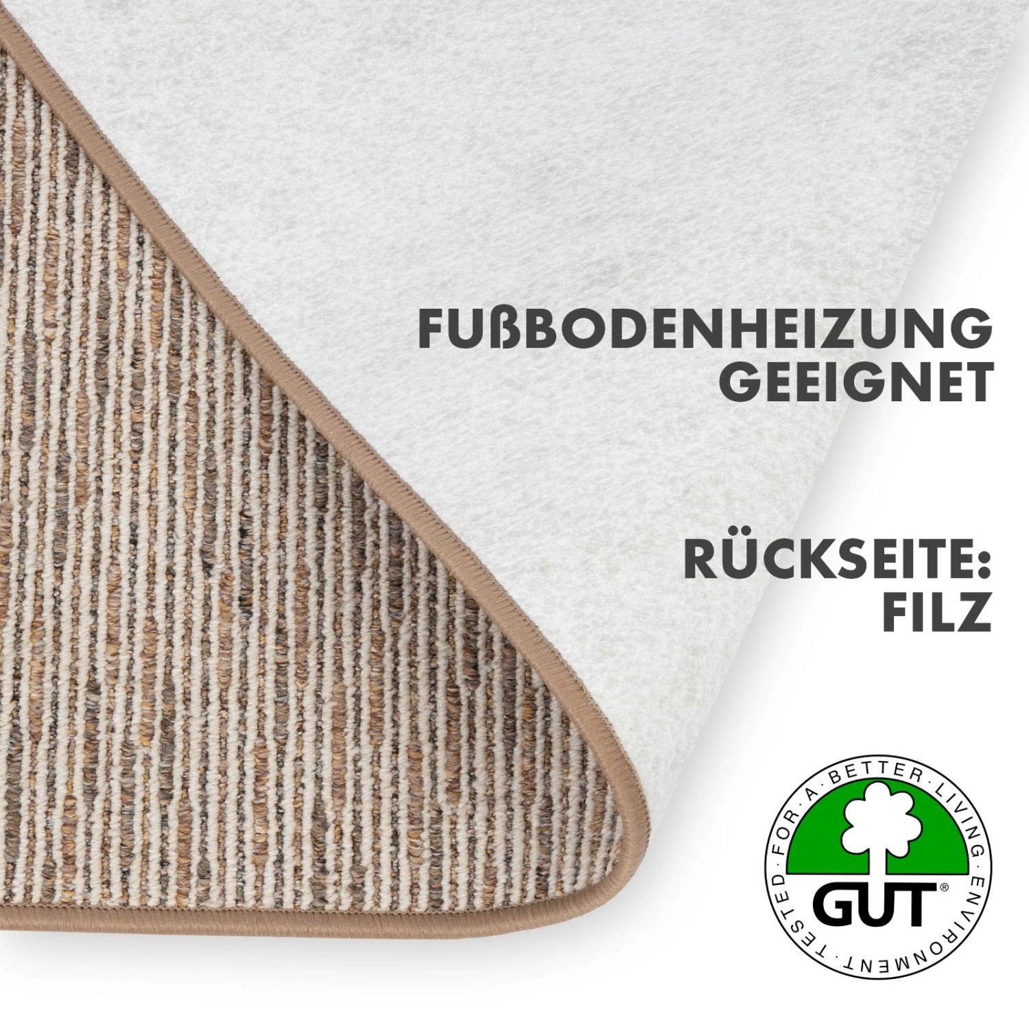 Detailansicht KARAT Teppich Geneva Beige: Struktur, Filzrückseite, Fußbodenheizung geeignet.