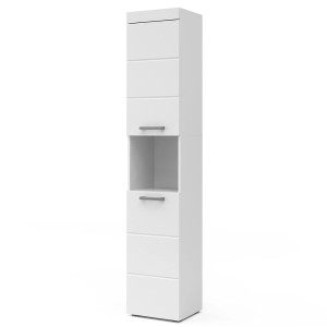 Weißer Vicco Badschrank Luna, 190 cm hoch, mit offenem Fach und mehreren Türen. Badregal für mehr Stauraum.