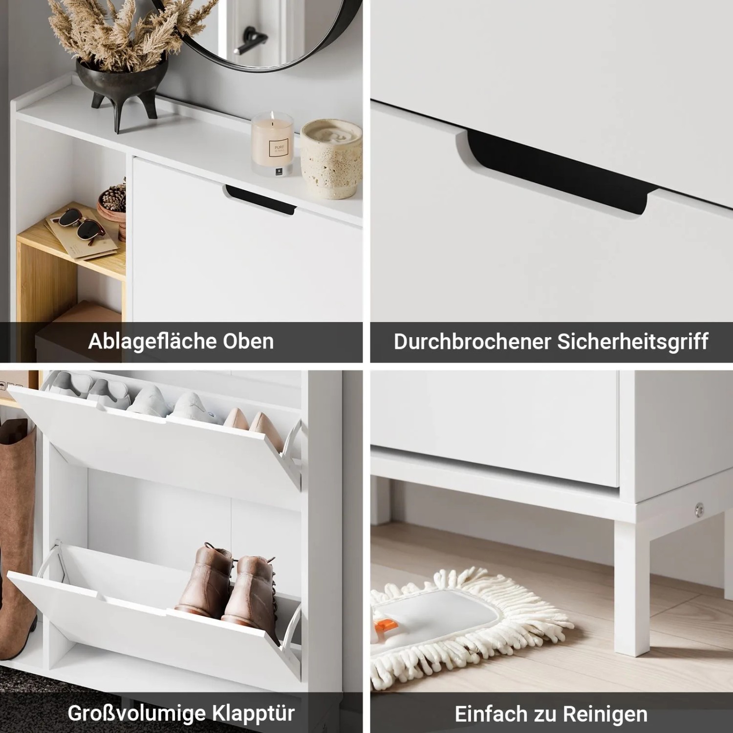 Schmaler, weißer Schuhschrank mit 3 Klappen und Bambusdetails. Ideal für kleine Flure.