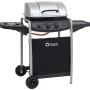 Kompakter tepro Gasgrill Fremont in Schwarz/Silber mit Seitenkochfeld und Ablagefläche.