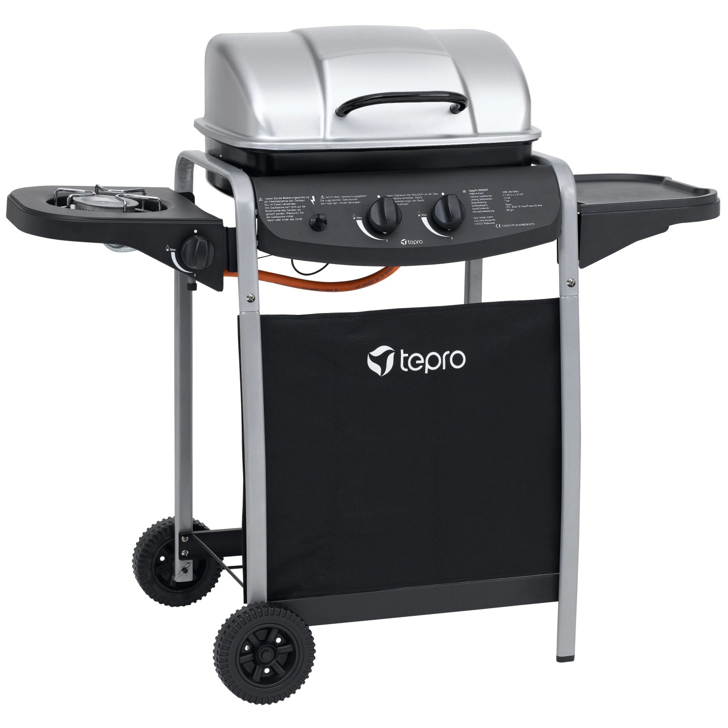 Kompakter tepro Gasgrill Fremont in Schwarz/Silber mit Seitenkochfeld und Ablagefläche.