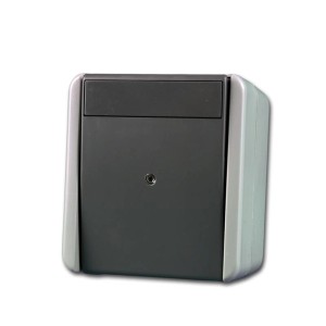 Grauer TEM Fontana Taster Indikator, quadratisch, IP44. Robuster Aufputz-Schalter für Feuchträume & Außen.