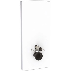 Geberit Monolith WC-Modul 114cm, weiße Glasfront, Aluminiumseiten, Anschlüsse für Wand-WC. Modernes Vorwandelement.