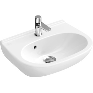 Weißes Villeroy & Boch O.Novo Gäste-Waschbecken Compact 45 cm mit Hahnloch und Überlauf.
