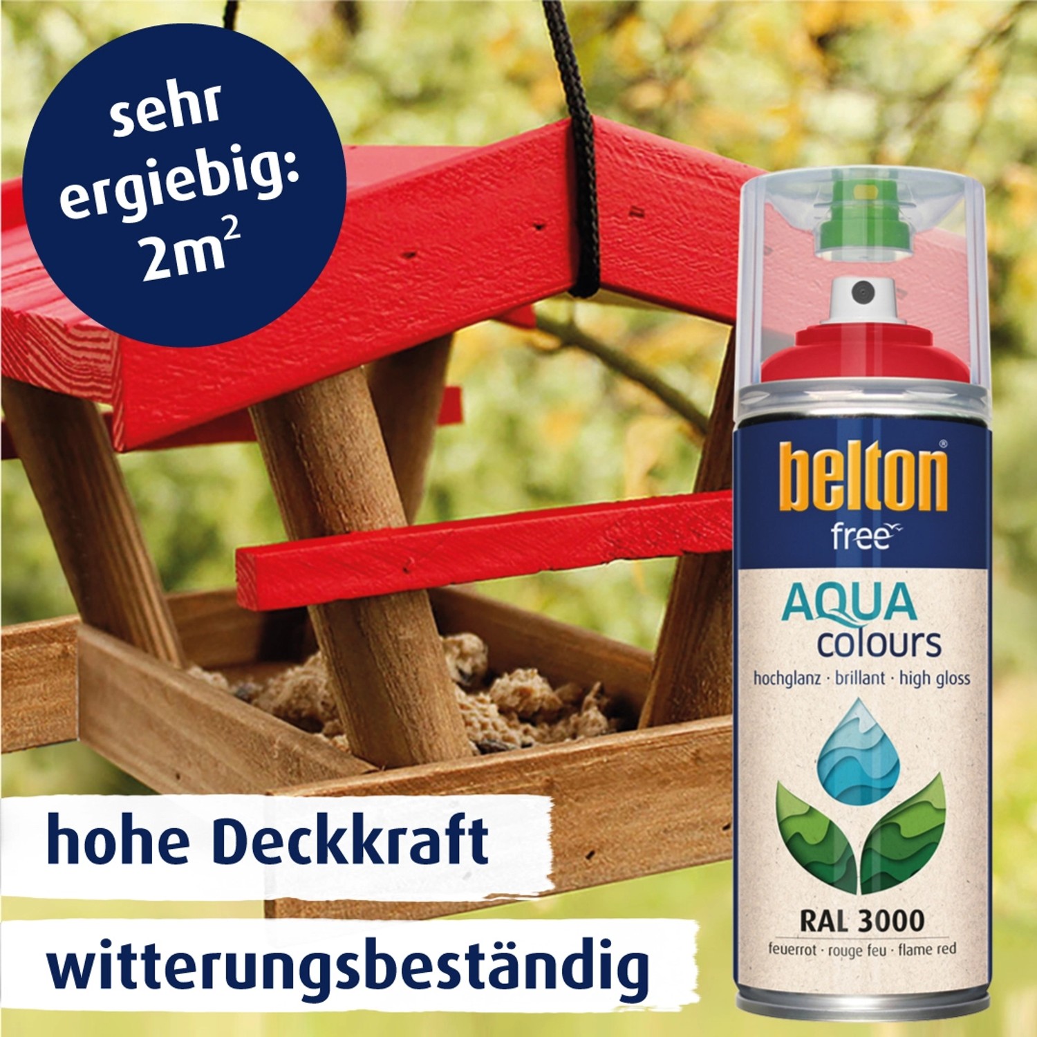 Belton Free AQUAcolours Buntlack RAL 3000 Feuerrot, hochglänzend. Farbspray vor Vogelhaus.