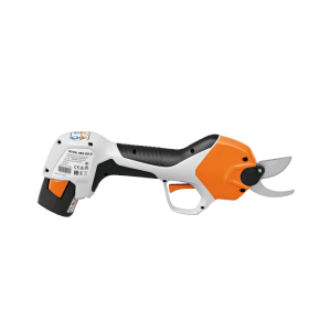 Stihl Akku-Astschere ASA 20 in Orange-Grau-Weiß mit geöffneten Klingen für präzise Schneidarbeiten.