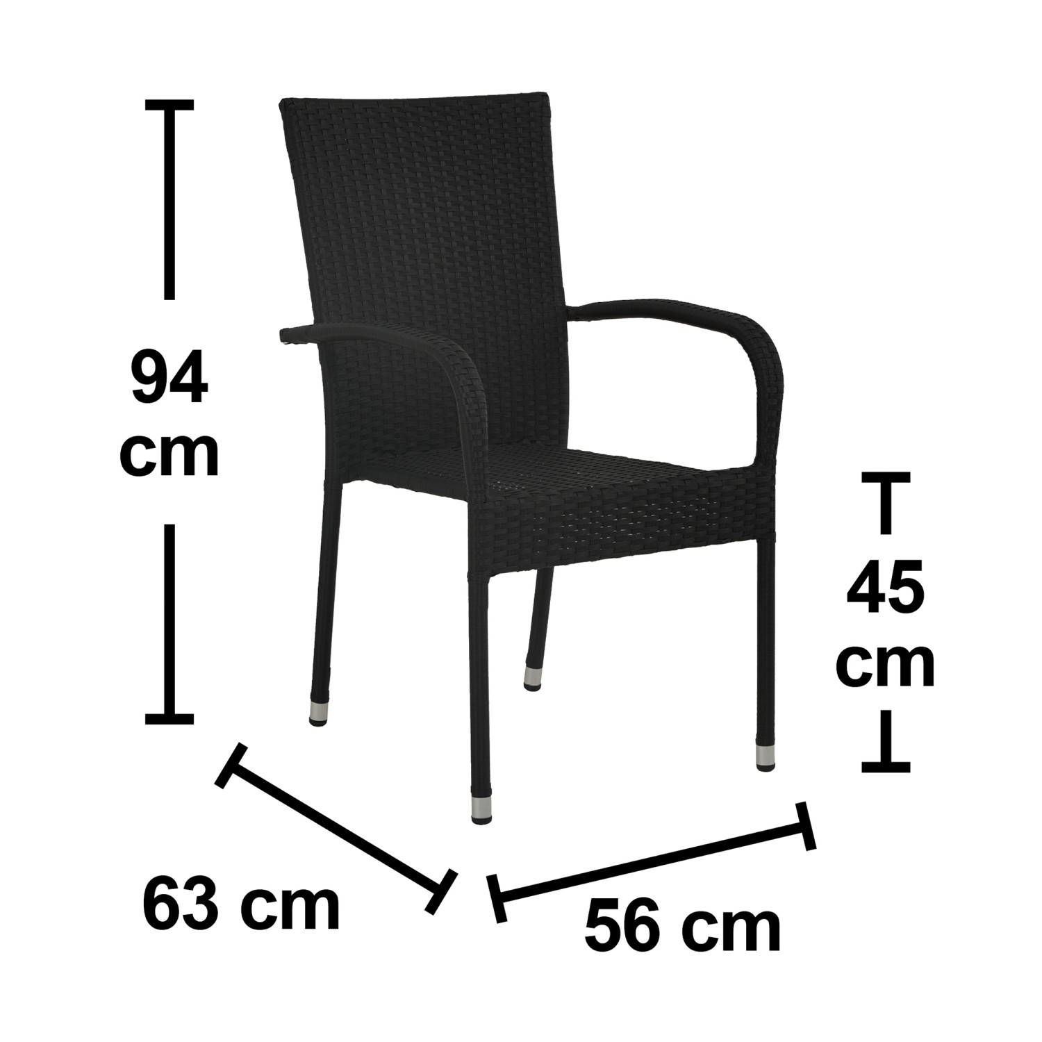 Schwarzer Stapelstuhl Soncor aus Polyrattan und Stahl mit Maßangaben.