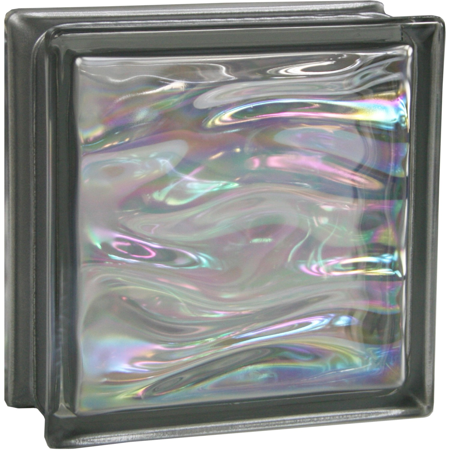 Glasbaustein Aqua Perlmutt Anthrazit, 19x19x8 cm, einseitig satiniert für Innen- und Außenbereich.