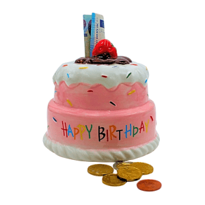 Dekohelden24 Sparfigur Spartorte Geburtstags Spardose Happy Birthday Torte mit Sparfunktion aus Keramik in Pink und Rosa L/B/H 12 x 12 x 12 cm