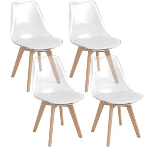 Costway Esszimmerstühle, 4er Set, transparent mit weißen Sitzkissen und Holzbeinen.