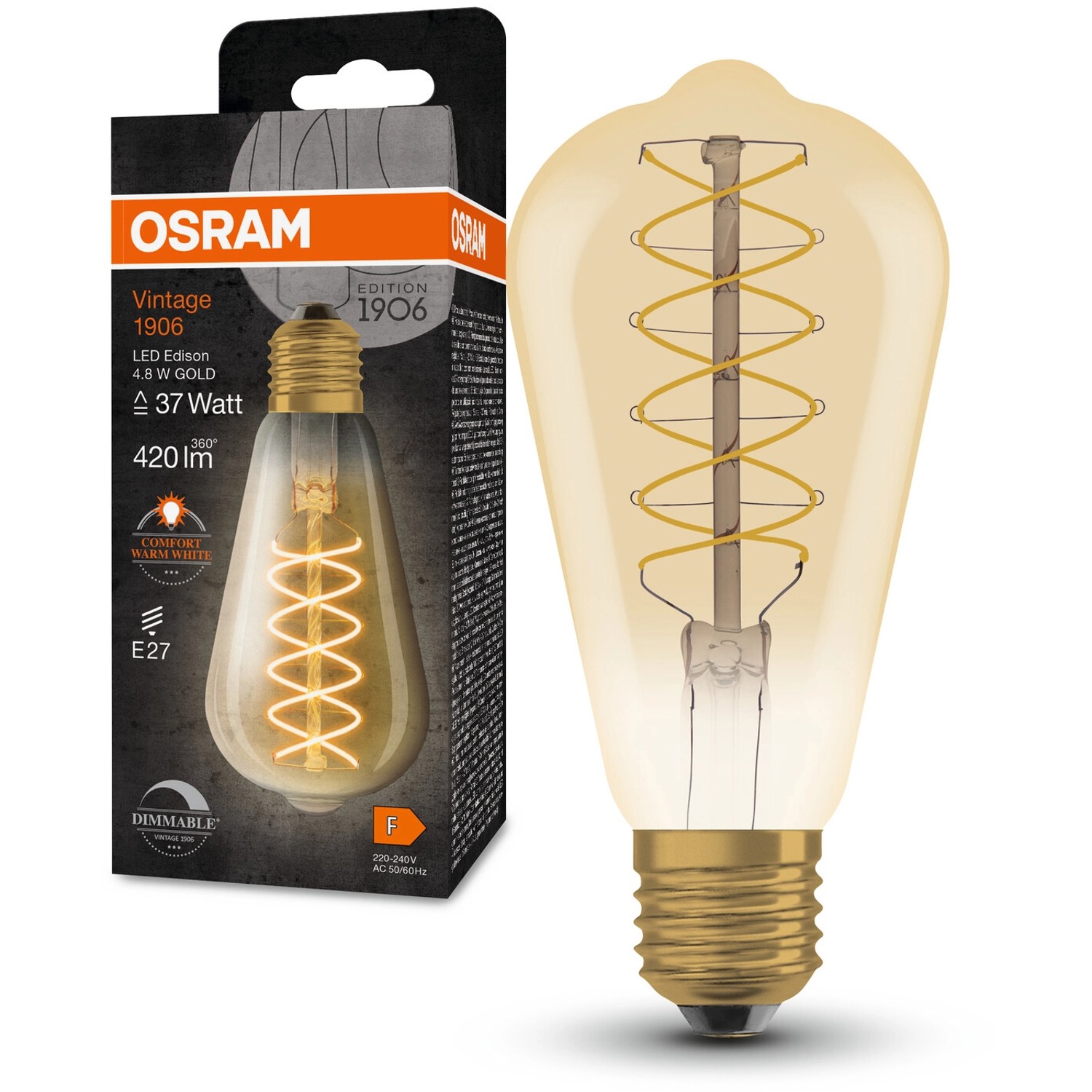 Osram E27 LED Leuchtmittel ST64, 4,8W, goldfarben, Edison-Glühbirnen-Design.
