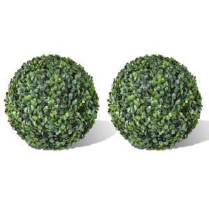 Zwei grüne, künstliche Buchsbaumkugeln, 35 cm Durchmesser, für Innen- und Außenbereich.