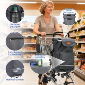 Sekey 3-in-1 Einkaufstrolley Treppensteiger grau mit Kühlfach und Spanngurt im Supermarkt.