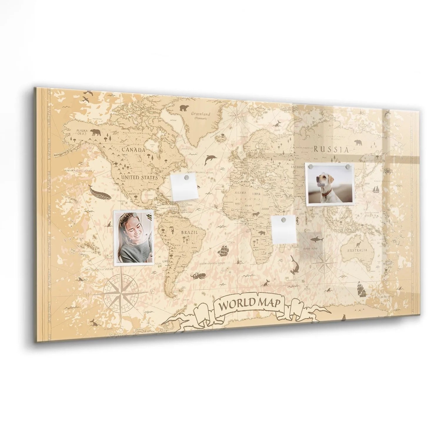 Tulup Beschreibbare Glasmagnettafel Vintage Weltkarte 120x60 cm Magnettafel Büro Glas Schwarzer Marker Glassboard Magnet...