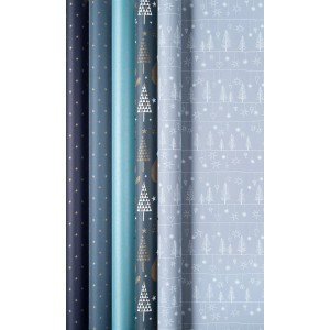 Sortiertes Duni Geschenkpapier Christmas EcoStyle, 5 Rollen mit Sternen und Weihnachtsmotiven.