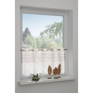 Beige Bistrogardine mit Webstreifen am Fenster, halbtransparent, 45x140 cm.