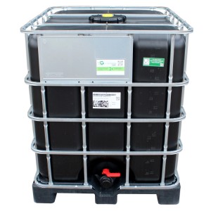 Schwarzer IBC Tank 1000 l auf Kunststoffpalette mit verzinktem Stahlrahmen und rotem Hahn.