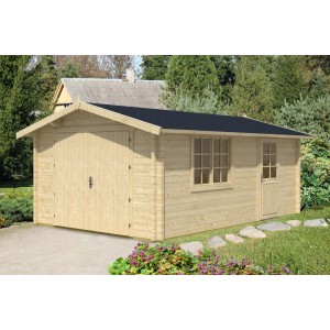 Alpholz Holzgarage A-70 ISO Fichte Natur, Carport mit Doppeltür, Fenster und Seitentür.