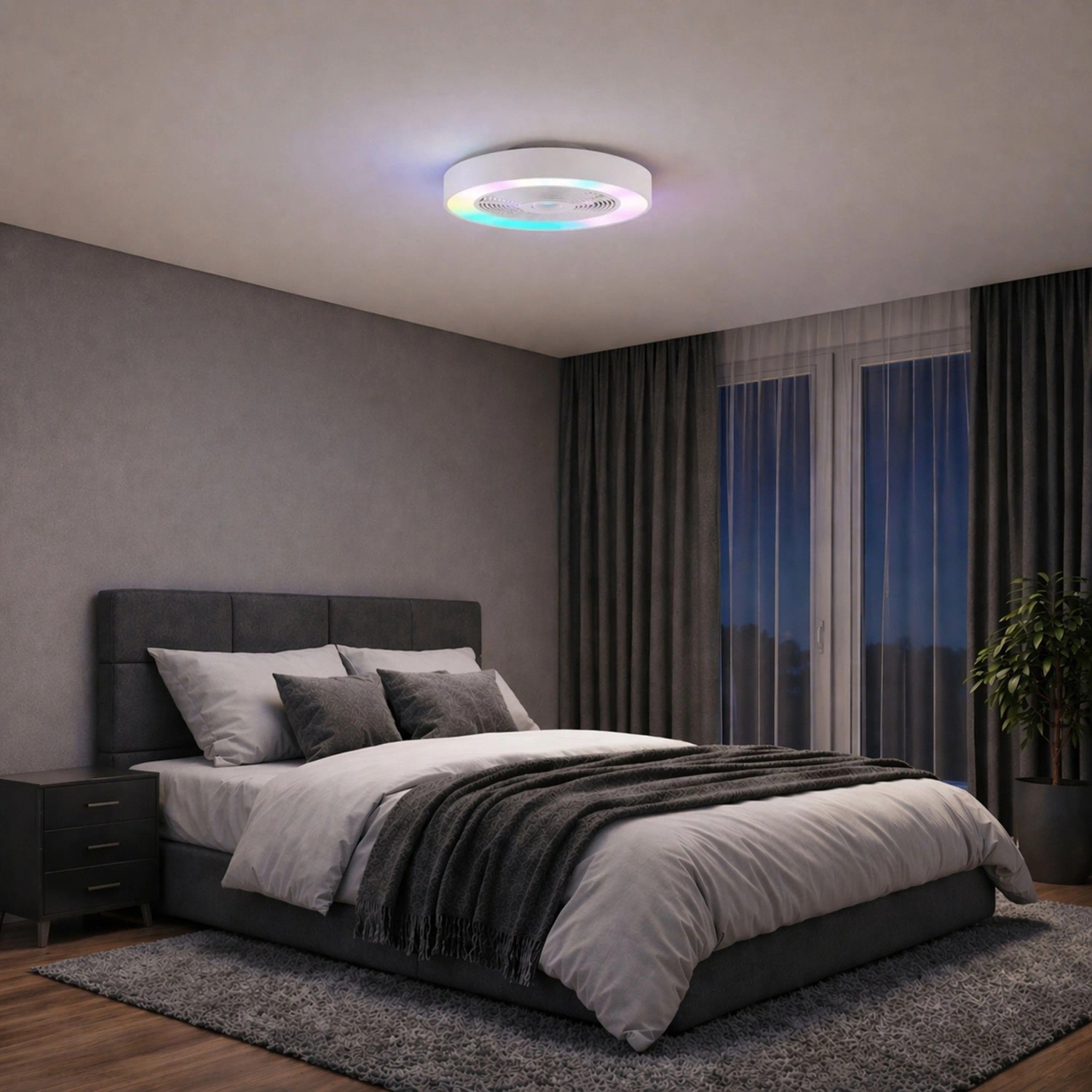 Weiße LED-Deckenleuchte Catania mit Ventilator und RGB-Lichteffekten im Schlafzimmer.