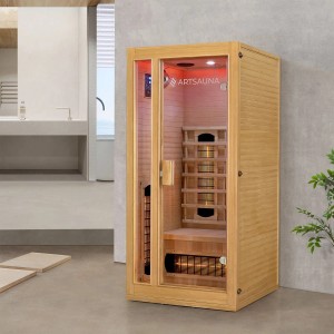 Artsauna Infrarotkabine Nyborg S90V aus Hemlockholz mit Glasfront und Vollspektrumstrahlern.
