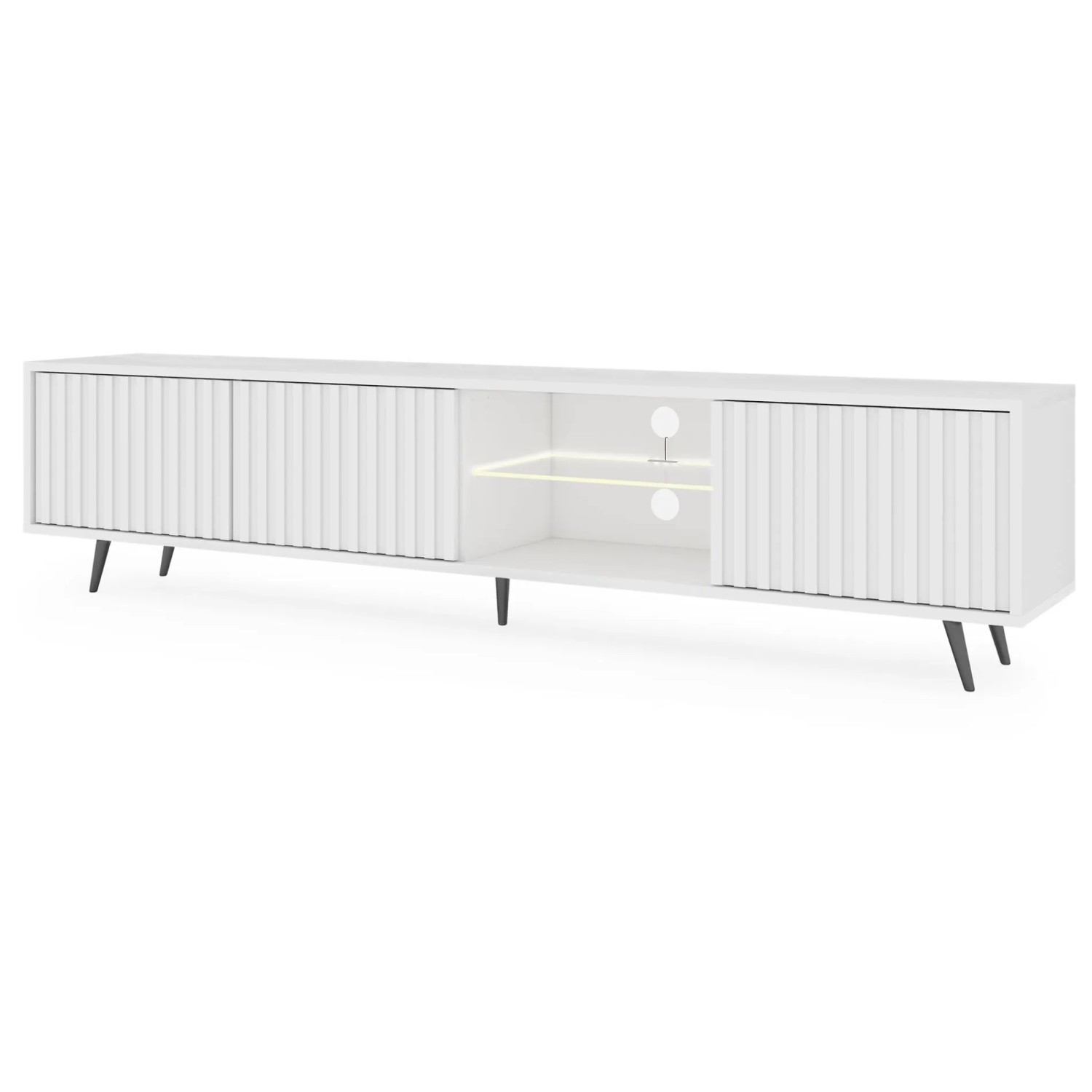 TV-Lowboard Bello 175 cm Weiß / Lamelle mit LED und Schwarzen Beinen