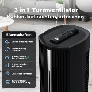 Schwarzer Balter Turmventilator VT-11-BL mit Fernbedienung, Luftbefeuchter und Wasserkühlung.
