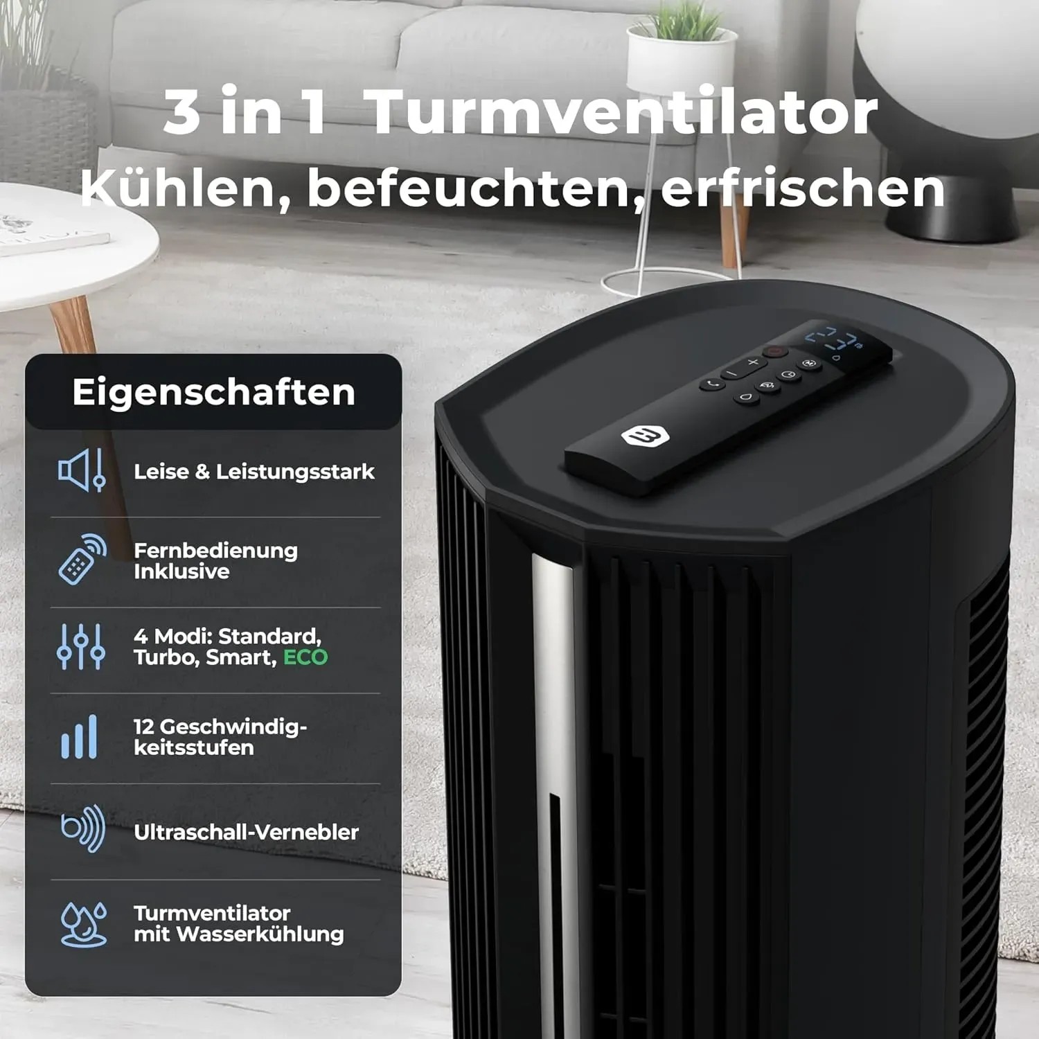 Schwarzer Balter Turmventilator VT-11-BL mit Fernbedienung, Luftbefeuchter und Wasserkühlung.