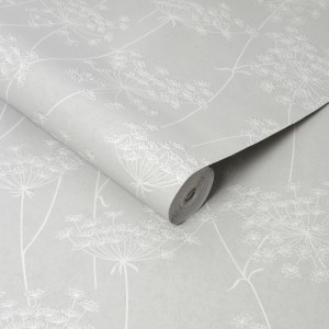 Superfresco Easy Vliestapete Aura Grey mit filigranem, weißen Blumenmuster.