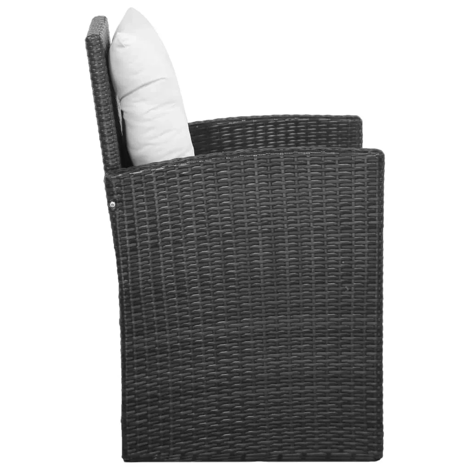 Schwarzer Sessel aus Poly Rattan mit cremefarbenem Kissen, Teil des 5-tlg. Garten Lounge Sets.
