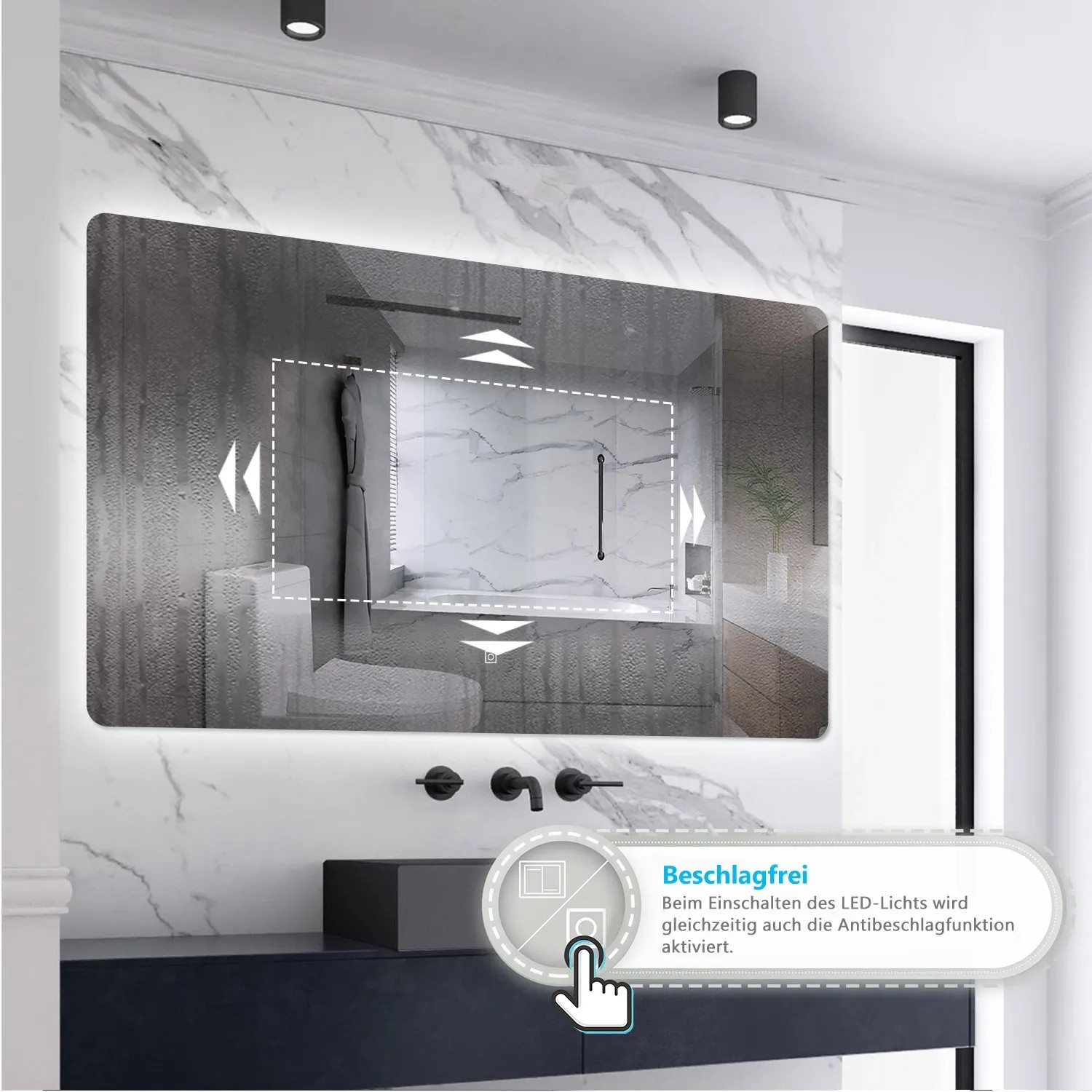 Aica Badspiegel 120x80 mit LED, Touch, beschlagfrei & dimmbar in drei Lichtfarben (warm, neutral, kalt).