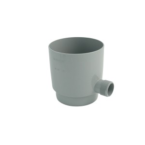 Grauer Marley Regensammler DN 75 mit Überlaufstopp für Kunststoff-Dachrinnen.